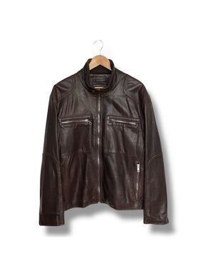 Andrew Marc Chocolate Brown Leather Moto Jacket Men’s Large Quilted Lining